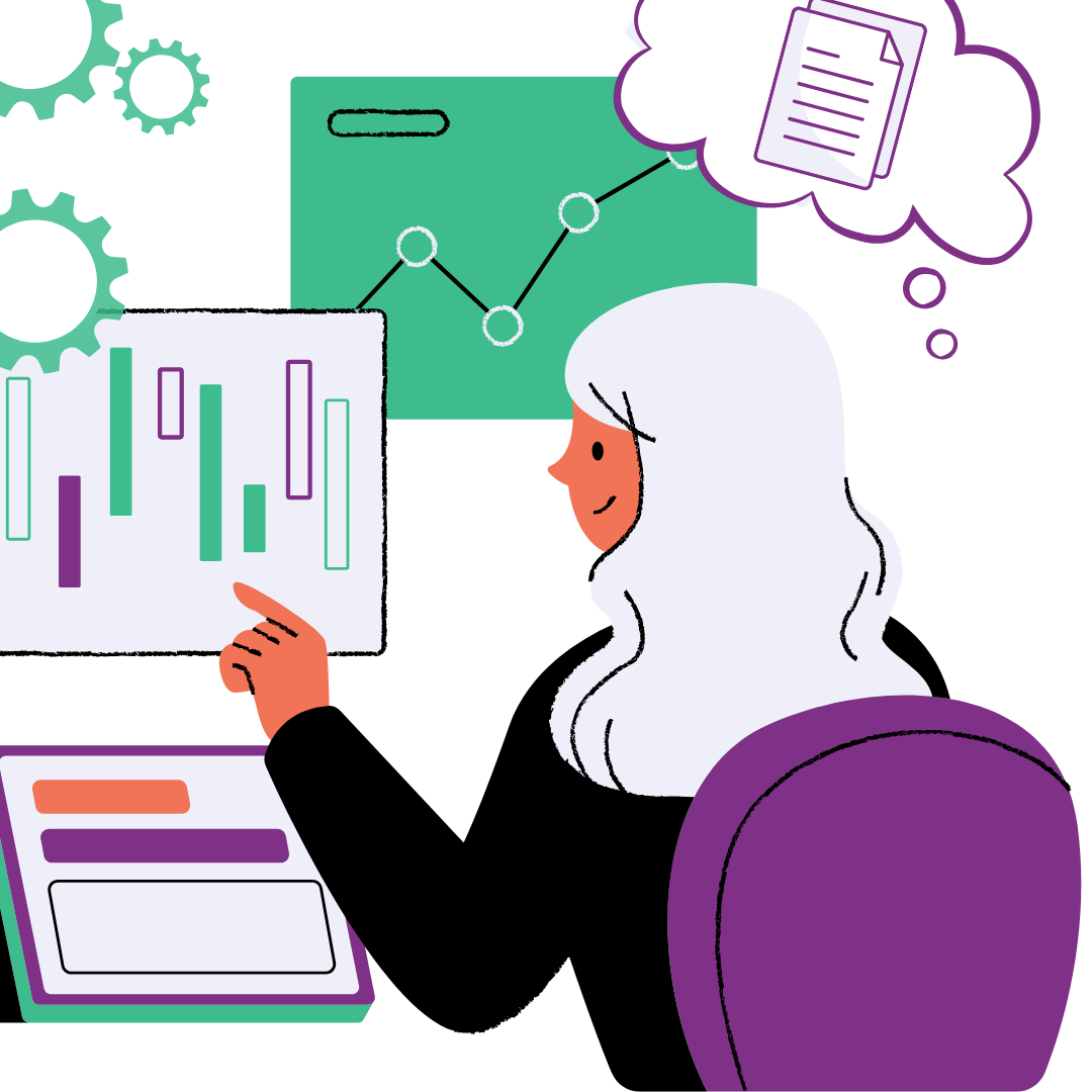 Image: Line drawing of analyst at her desk with thought bubble and floating charts